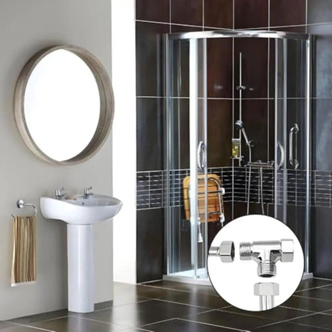 Rock Solid Three Way Brass Diverter Valve Tee Joint Connector With Half Inch Threading For Heavy Duty Bathrooms shown in a bathroom setup.