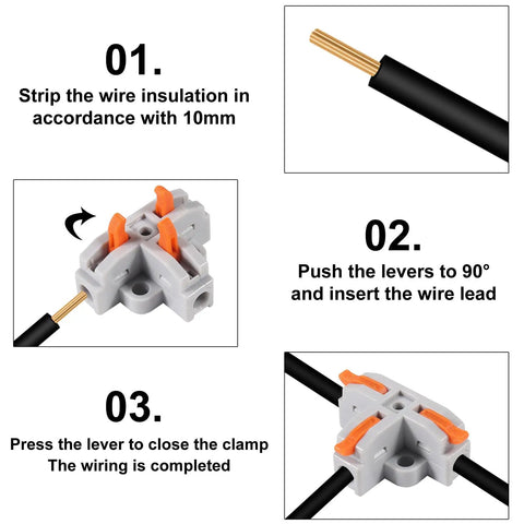 30 Pack T Tap Wire Connectors Kit With 3 And 4 Port Quick Push In Splitters For 24 12 AWG Wire shown in a wiring guide