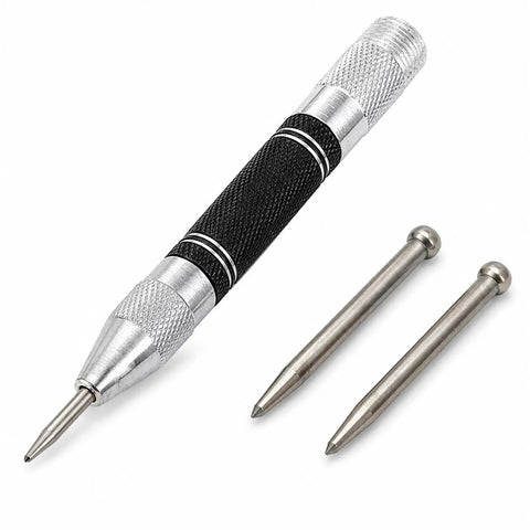 5 Inch Automatic Center Punch With 2 Spare Tips Adjustable Tension Spring Steel Marking Tool and tips on a white background.