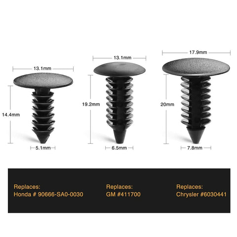 Three sizes of Heavy Duty Nylon Bumper Shield Retainers and Double End Xmas Tree Clips with measurements, universal auto body fasteners.