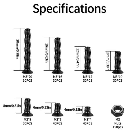 Badass M3 Flat Head Phillips Screws And Hex Nuts Assortment Kit With 380 Pieces showing size specifications of various screws and nuts.
