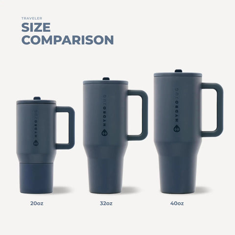 Size comparison of Premium Kids Insulated Travel Tumblers 20 Oz, 32 Oz, and 40 Oz showcasing triple wall design.