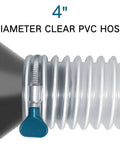 4-inch diameter clear PVC dust collection hose with carbon steel wire and connector, 10-foot length, puncture-resistant design