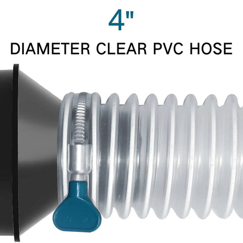 4-inch diameter clear PVC dust collection hose with carbon steel wire and connector, 10-foot length, puncture-resistant design