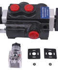 1-spool 12V DC hydraulic solenoid valve, black body with red caps and mounting hardware.
