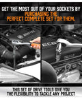 20 Piece Socket Extension Bar Set With One Quarter Inch, Three Eighths Inch And One Half Inch Drives in use on engine