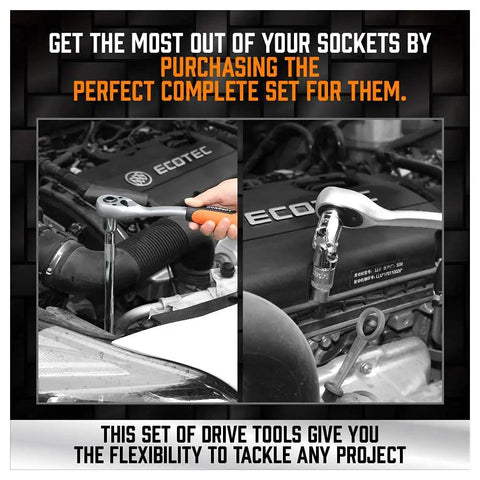 20 Piece Socket Extension Bar Set With One Quarter Inch, Three Eighths Inch And One Half Inch Drives in use on engine