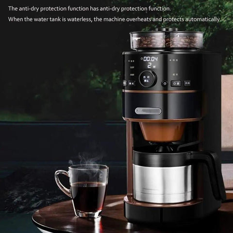 Front view of dual use coffee machine with stainless steel filter for coffee or soy flour, anti dry protection, 24 hour reservation function