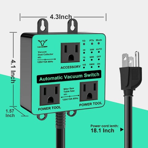 Heavy Duty Automatic Vacuum Switch For Dust Collector And Shop Vac Featuring Dual Power Tool Outlets To Effortlessly Ignite Your Woodshop Projects Right Now, measuring 4.3x4.1 inches.