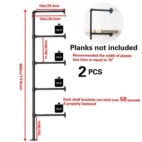 Diagram of Industrial Pipe Shelf Kit With Wall Mount Brackets And Five Tier Open Shelves In Black Matte 68 Inches Tall 10 Inch Deep Hardware