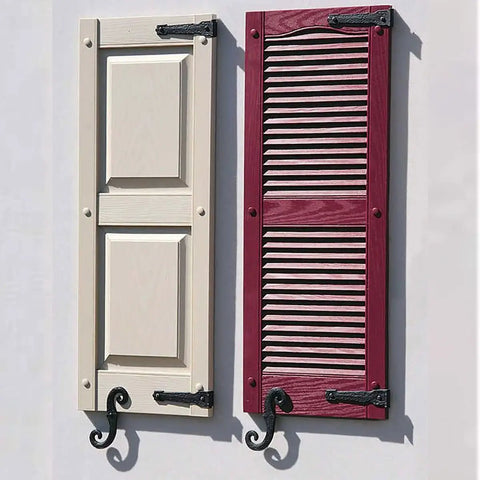Heavy Duty Decorative Vinyl Window Hinge Kit With Two S Hooks For Exterior Shutters, white and red shutters displayed.