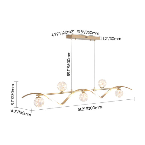 Modern Linear Pendant Light Set Featuring Six Glass Globe Shades Dimmable Gold Kitchen Island Fixture size and dimensions diagram.