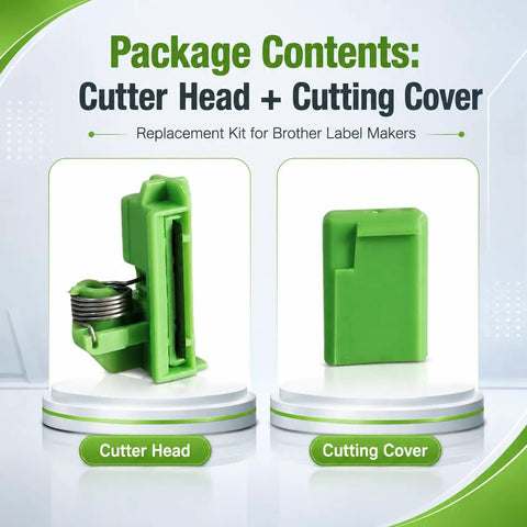 Genuine Cutter Head Replacement For Brother Pt-E100, Pt-D200, Pt-D210 Label Makers, includes cutter head and green cutting cover.