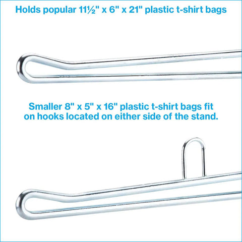 Close-up of hooks on Chrome Grocery Bag Holder Stand, Space Saving Organizer For Easy Bag Storage, fits 11.5 W x 6 D x 21 H inches.