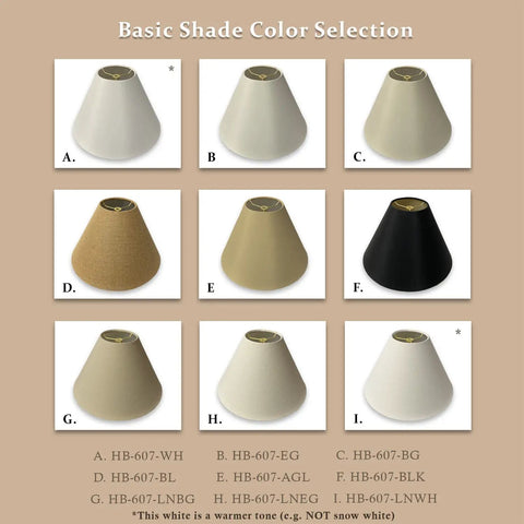 Basic shade color selection for HB-607 lamp shades in various neutral tones, shown in a 3x3 grid with product references.