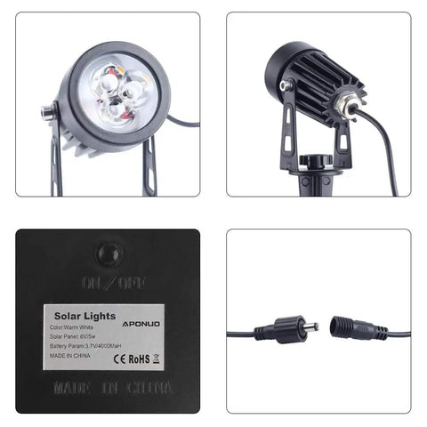 Metal Solar Spot Lights Outdoor With 9.8ft Cable Hella Bright 4 Spotlights Landscape Lighting showing light and connectors.