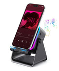 Induction Phone Stand Speaker With Colorful Lights And 3500mAh Battery Portable Hands Free Amplifier For iPhone iPad Android Samsung No Bluetooth Hassle Required, showing phone in stand with glowing lights