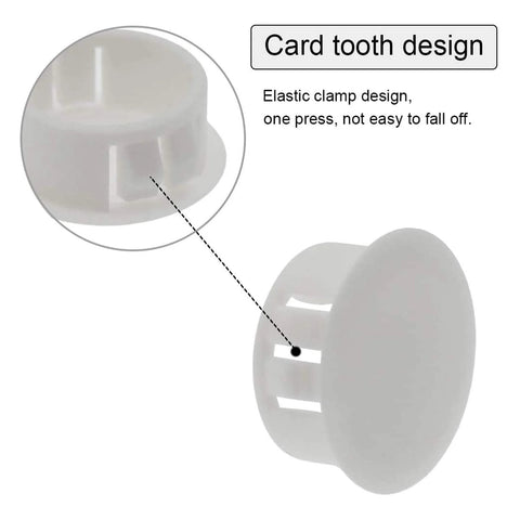 Close-up of 30 Pack White Plastic Hole Plugs 6mm Flush End Caps For 5.5 To 6mm Holes, showing card tooth design.