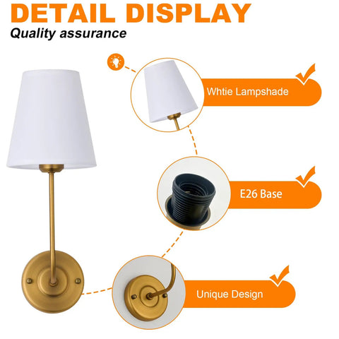 Hardwired Wall Sconces Set Of 2 Vintage Industrial Style Wall Lamps With Flared White Fabric Shades Antique Brass Finish details