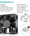 Beefy 120x120x38mm 24V Brushless DC Industrial Cooling Fan For Plasma Cutters Inverters And PC Cooling 125 CFM 3000 RPM 42 dBA 2 Pin Sleeve Bearing Replacement, shown with specs and diagram