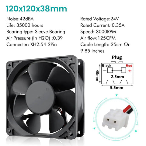 Beefy 120x120x38mm 24V Brushless DC Industrial Cooling Fan For Plasma Cutters Inverters And PC Cooling 125 CFM 3000 RPM 42 dBA 2 Pin Sleeve Bearing Replacement, shown with specs and diagram