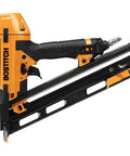 Pro Gear 15 Gauge Pneumatic Angle Finish Nailer With Dial Depth Control, showcasing ergonomic design for clean trim work.