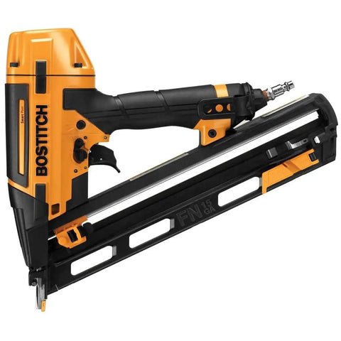 Pro Gear 15 Gauge Pneumatic Angle Finish Nailer With Dial Depth Control, showcasing ergonomic design for clean trim work.