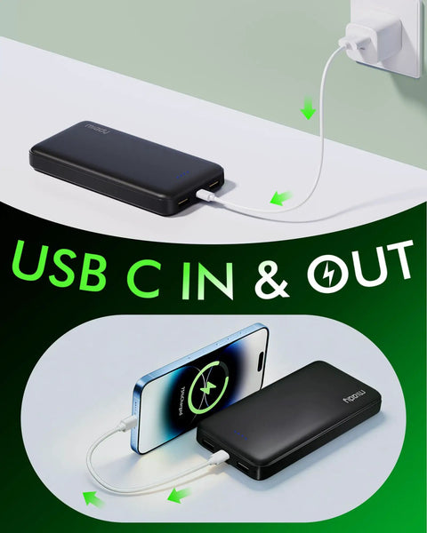 Two Pack Portable Charger PD 22.5W Power Bank 20000mAh USB-C charging phone, showing in and out arrows