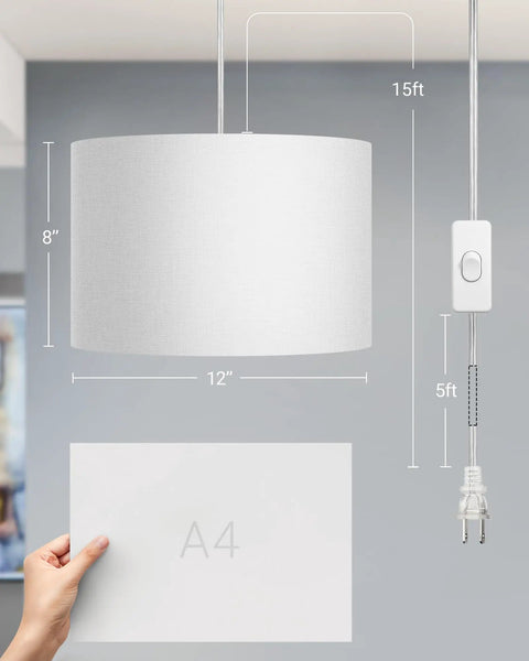 Plug In Pendant Light With 15 Ft Cord, On Off Switch, White Fabric Linen Shade, size comparison with A4, modern design