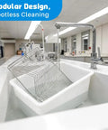 2 Pack Heavy Duty Lab Mouse And Rat Cages With Stainless Steel Mesh Lids Rock Solid Frame For Super Quick Cleanup Includes Dripless Silicone Water Bottle And Aluminum Snack Plate To Comfortably House Small Lab Animals in a lab sink with water running.
