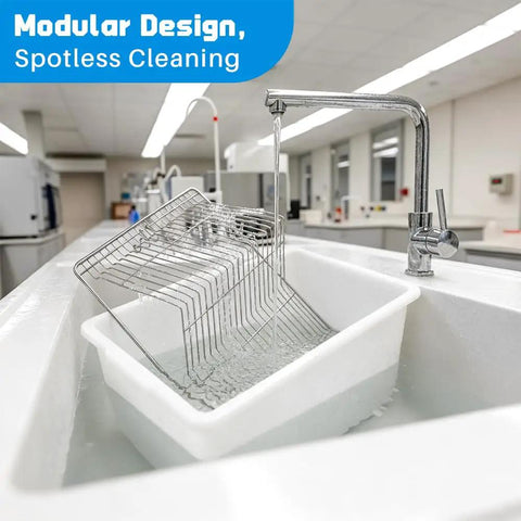 2 Pack Heavy Duty Lab Mouse And Rat Cages With Stainless Steel Mesh Lids Rock Solid Frame For Super Quick Cleanup Includes Dripless Silicone Water Bottle And Aluminum Snack Plate To Comfortably House Small Lab Animals in a lab sink with water running.