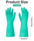 Twelve Pairs Of Heavy Duty Nitrile Work Gloves Shielding Hands From Tough Chemical Oil And Solvent Hazards With Puncture Resistant Fit For Tackling Nasty Engine Jobs And Deep Home Cleans, showing size and green color.
