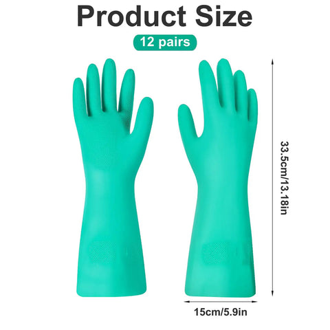 Twelve Pairs Of Heavy Duty Nitrile Work Gloves Shielding Hands From Tough Chemical Oil And Solvent Hazards With Puncture Resistant Fit For Tackling Nasty Engine Jobs And Deep Home Cleans, showing size and green color.