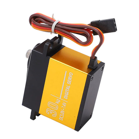 Heavy Duty Digital Servo Motor For All Terrain Trucks And Buggies 30Kg in robust gold and black housing with cable.