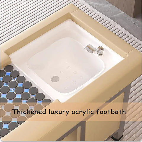 Top view of luxury acrylic footbath in all in one head spa backwash bed with water circulation and massage fumigation, salon equipment.