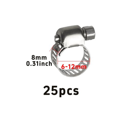 25 Pieces Stainless Steel Worm Drive Hose Clamps Kit, Adjustable 0.24 to 0.47 Inches (6 to 12 mm) on white background