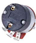 Back view of a Five Pack 5K Ohm Rotary Potentiometer With Switch showing pins and mounting holes, suitable for DIY electronics projects.