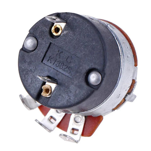 Back view of a Five Pack 5K Ohm Rotary Potentiometer With Switch showing pins and mounting holes, suitable for DIY electronics projects.
