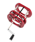Straight Up Heavy Duty Aluminum Router Table Lift Featuring Smooth Crank Height Adjustments And Rock Solid Stainless Steel Four Jaw Clamping Mounting Plate For Shop Grind with red aluminum body and crank handle.