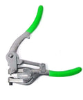 Manual hand tool from 1 Ton Power Punch Kit For Sheet Metal Hole Punching With 7 Size Die Set In Case, with green handles.