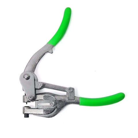 Manual hand tool from 1 Ton Power Punch Kit For Sheet Metal Hole Punching With 7 Size Die Set In Case, with green handles.