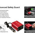 150 Watt Power Inverter Transforms 12V Dc To 110V Ac With Cigarette Lighter Plug And Dual Usb Charging Ports, red unit with safety features.