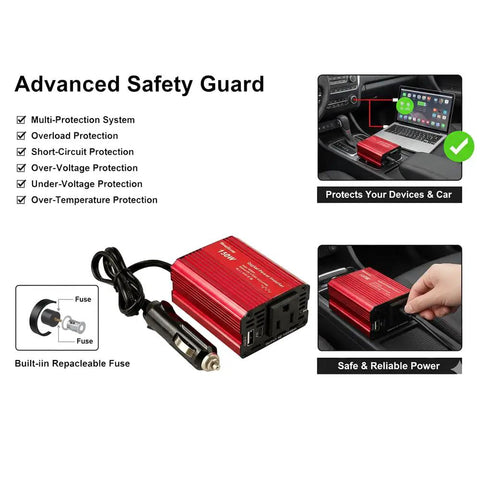150 Watt Power Inverter Transforms 12V Dc To 110V Ac With Cigarette Lighter Plug And Dual Usb Charging Ports, red unit with safety features.