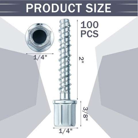 100 Piece Set 3/8 Inch Threaded Rod Anchors for Concrete and Steel, 1/4 Inch Diameter, 2 Inch Length, Zinc Finish Vertical Anchor Screws