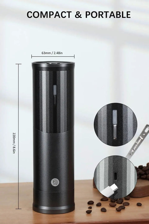 Portable Electric Coffee Burr Grinder With 50g Capacity And Magnetic Cover Aluminum Alloy Body showing compact design and USB charging.