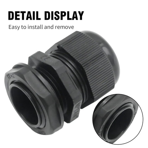 NPT Nylon Cable Gland Set IP68 Waterproof Adjustable 5 to 10mm shown in detail display, close-up of rock solid fit.