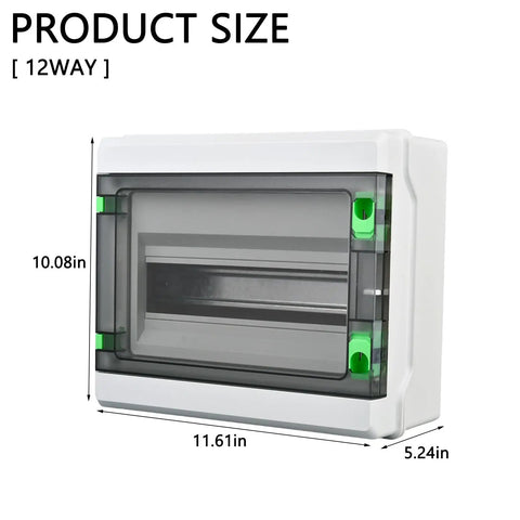 12 Way Waterproof Power Distribution Box Built Like a Tank With Cold Rolled Steel Plate And Embedded Brass Nuts Heavy Duty Din Rail Enclosure For Indoor Outdoor Wiring measuring 11.61in x 10.08in x 5.24in.