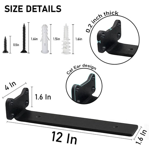 Heavy Duty L Shaped Shelf Brackets 0.2 Inch Thick Solid Steel Wall Mount Supports For 12 Inch Floating Shelves Black Rustic Industrial Style Pack Of 6 size details with screws