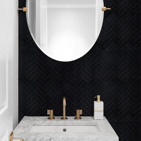 Black Peel And Stick Herringbone Backsplash Tiles For Kitchen And Bathroom Aluminum Self Adhesive Wall Tiles Waterproof Heat Resistant Up To 190 Fahrenheit Easy To Cut With Jigsaw 12 Sheets behind bathroom sink