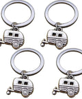 Vintage Van Rickshaw Keychain Set of 4 with antique silver rickshaw charms for bags and keys, solid metal key rings.